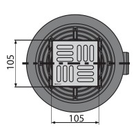 Bodenablauf 105 × 105/50 mit waagrechtem Abgang, Rost: Edelstahl, Geruchsverschluss mit Sperrwasser