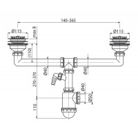 Siphon für Doppelspülbecken Edelstahl Gitter DN 115 Universal Anschluss DN40/50 Ablaufgarnitur Ablauf Spülbecken Doppelbecken